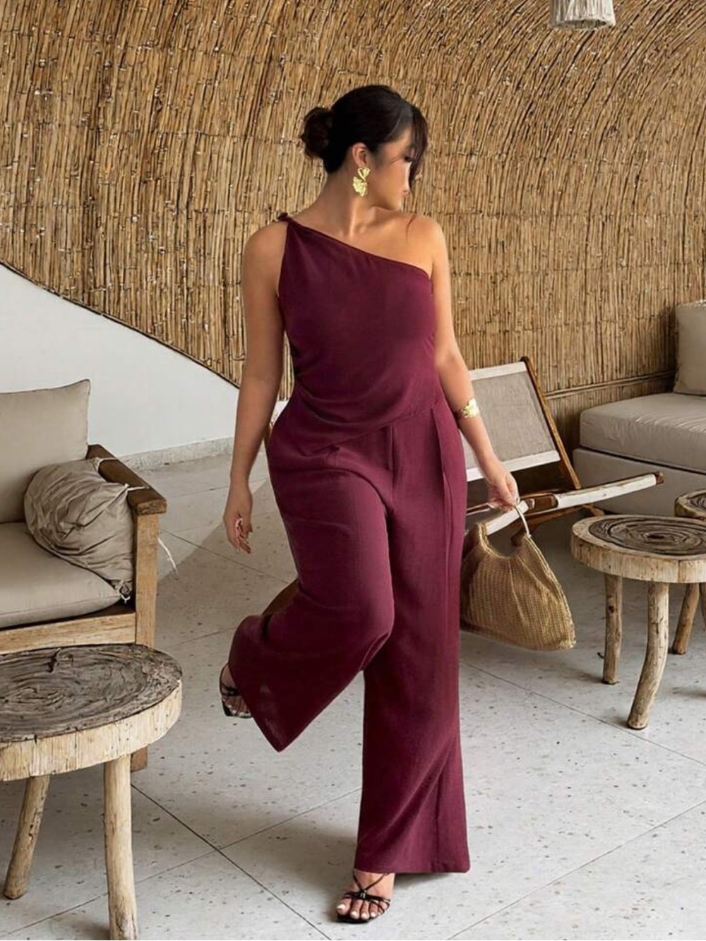 Firerie Plus Size Women's,Solid  One Shoulder Top And Elastic Waist Pants Set